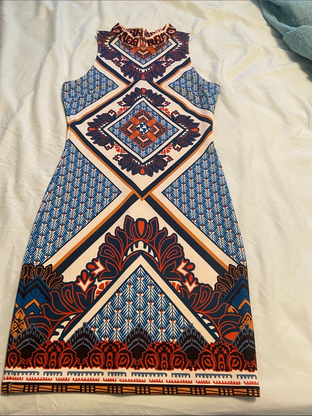 Sleeveless Geometric Print Sheath Dress - Blue & Orange